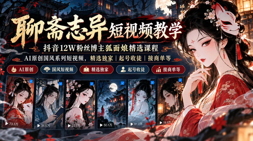 聊斋志异短视频教学，抖音12W粉丝博主狐面娘精选课程，AI原创国风系列短视频，精选独家丨起号收徒丨接商单等祝你网--专注互联网创业.信息差副业研究拒绝割韭菜祝你网