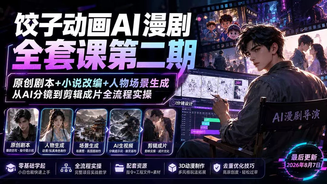 饺子动画AI漫剧全套课第二期:原创剧本+小说改编+人物场景生成,从AI分镜到剪辑成片全流程实操祝你网--专注互联网创业.信息差副业研究拒绝割韭菜祝你网