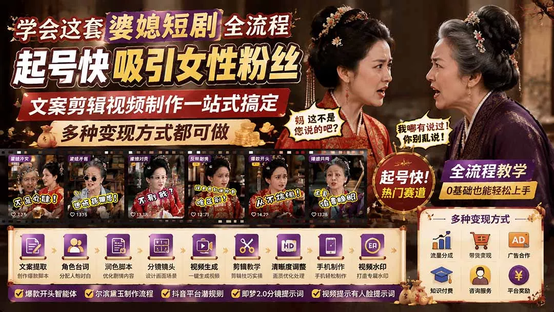 07a6e3d0a69969303c3e374b0f09f6ef.webp 学会这套婆媳短剧全流程:起号快吸引女性粉丝,文案剪辑视频制作一站式搞定,多种变现方式都可做