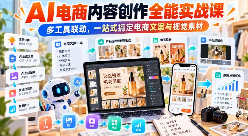 【无水印】AI电商内容创作全能实战课｜多工具联动，一站式搞定电商文案与视觉素材祝你网--专注互联网创业.信息差副业研究拒绝割韭菜祝你网