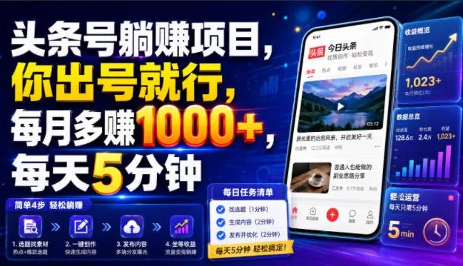 头条号躺賺项目,你出号就行,每月多賺1000+,每天5分钟,坐等分米【揭秘】祝你网--专注互联网创业.信息差副业研究拒绝割韭菜祝你网