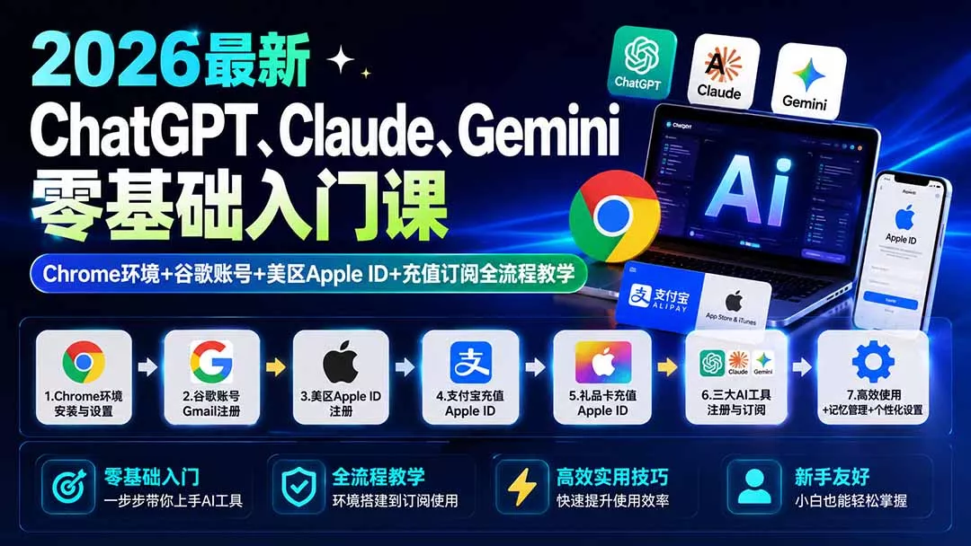 0890f8f978686ce8eafd7d96f8600bc9.webp 2026最新ChatGPT、Claude、Gemini零基础入门课:Chrome环境+谷歌账号+美区Apple ID+充值订阅全流程教学