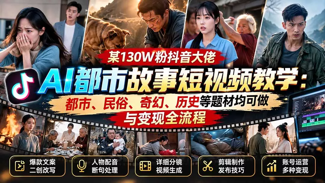 某130W粉抖音大佬AI都市故事短视频教学：都市、民俗、奇幻、历史等题材均可做与变现全流程祝你网--专注互联网创业.信息差副业研究拒绝割韭菜祝你网