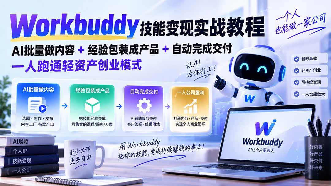 (20492期)Workbuddy技能变现实战教程:AI批量做内容+经验包装成产品+自动完成交付,一人跑通轻资产创业模式祝你网--专注互联网创业.信息差副业研究拒绝割韭菜祝你网