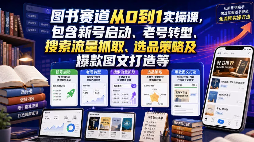 09fb5eb88d3014fa03192dec7dbb3870.webp 图书赛道从0到1实操课,包含新号启动、老号转型、搜索流量抓取、选品策略及爆款图文打造等