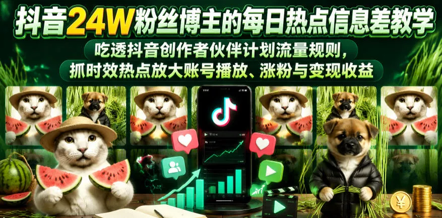 抖音24W粉丝博主的每日热点信息差教学,吃透创作者伙伴计划流量规则,抓时效热点放大账号播放、涨粉与变现收益(更新)祝你网--专注互联网创业.信息差副业研究拒绝割韭菜祝你网