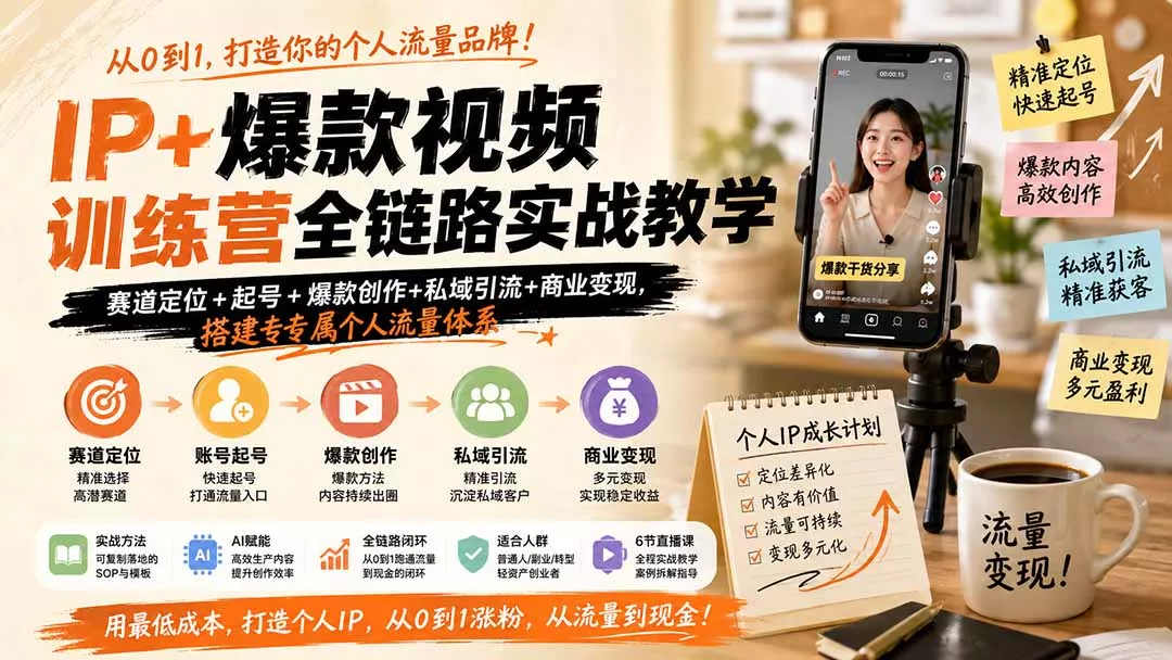 0a9752737645896573c342ed76b81db0.webp IP+爆款视频训练营全链路实战教学;赛道定位+起号+爆款创作+私域引流+商业变现,搭建专属个人流量体系