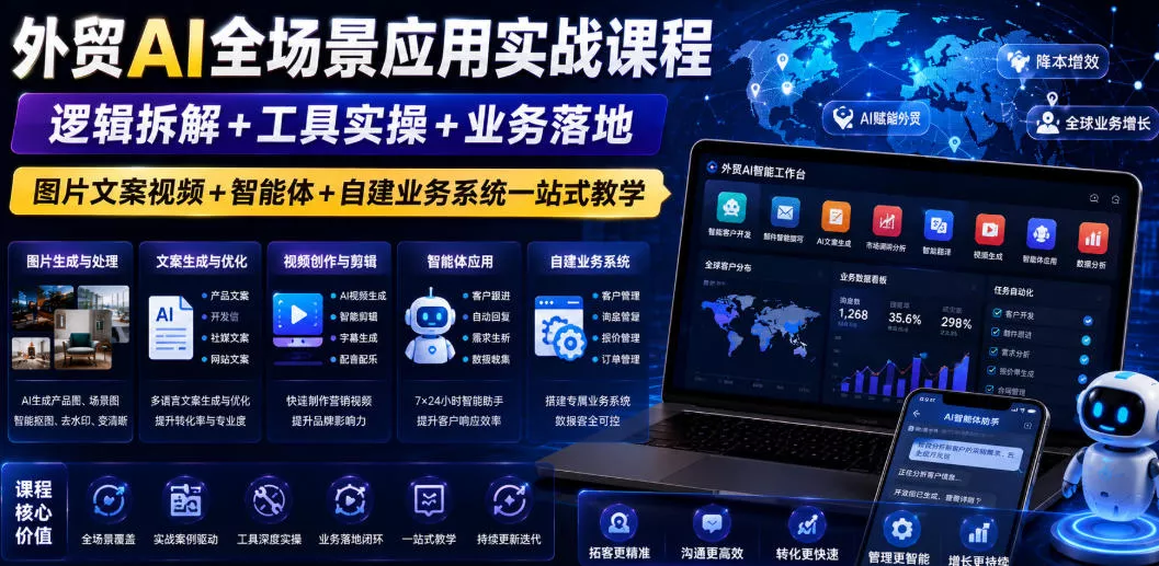 外贸AI全场景应用实战课程｜逻辑拆解+工具实操+业务落地，图片文案视频+智能体+自建业务系统一站式教学祝你网--专注互联网创业.信息差副业研究拒绝割韭菜祝你网
