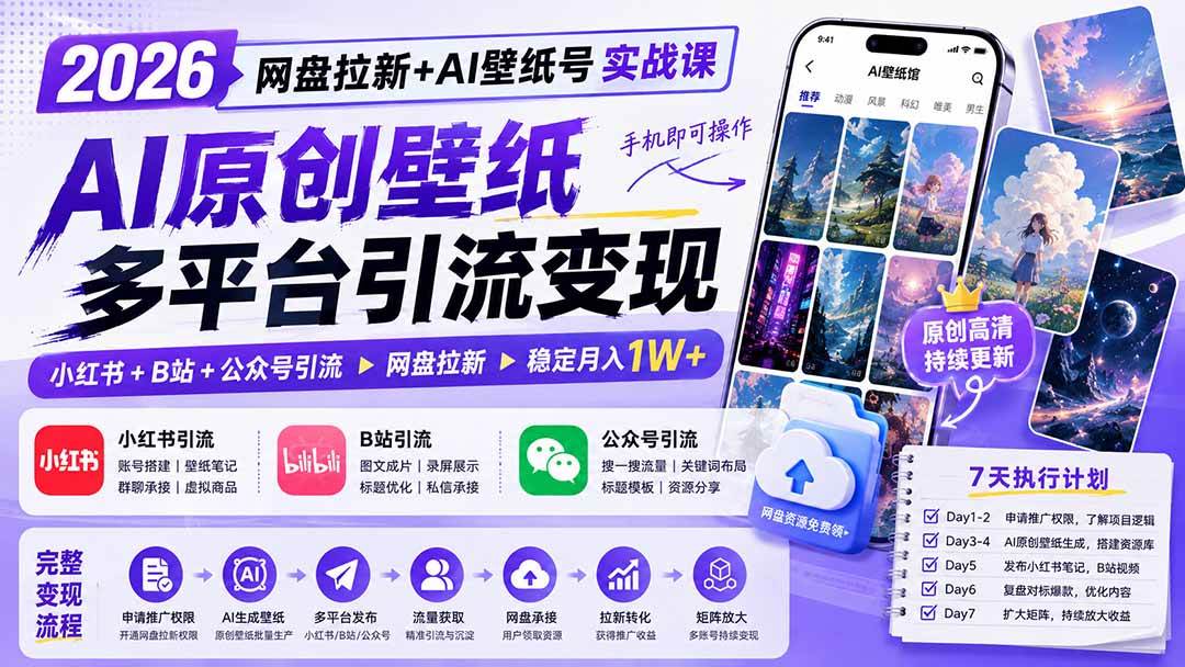 (19732期)2026网盘拉新+AI壁纸号实战课:AI原创壁纸+小红书+B站+公众号引流,手机即可操作,月入1W+祝你网--专注互联网创业.信息差副业研究拒绝割韭菜祝你网