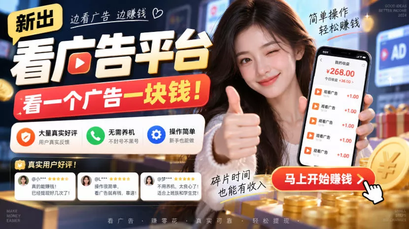 新出看广告平台,看一个广告一块钱,大量真实好评!无需养机、不会黑号,操作简单【揭秘】祝你网--专注互联网创业.信息差副业研究拒绝割韭菜祝你网