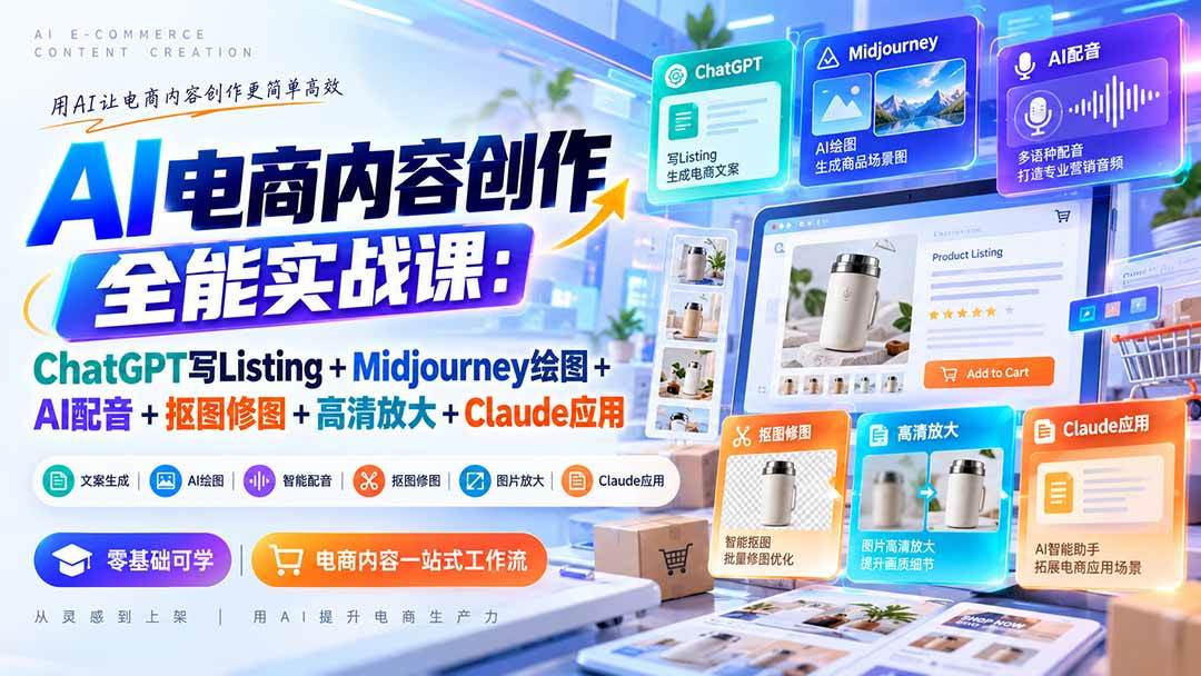 0b9843fd5387958408a9ecd4d1b7cda9.jpeg (20770期)【无水印】AI电商内容创作全能实战课:ChatGPT写Listing+Midjourney绘图+AI配音+抠图修图+高清放大+Claude应用