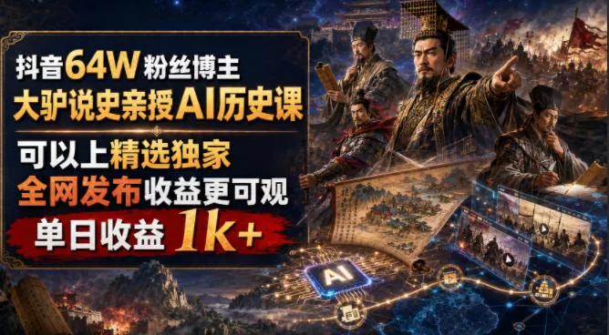 0bc8477554a2626dca44ee2cac30931e.webp 抖音64W粉丝博主大驴说史亲授AI历史课,可以上精选独家,全网发布收益更可观,单日收益1k+(更新)