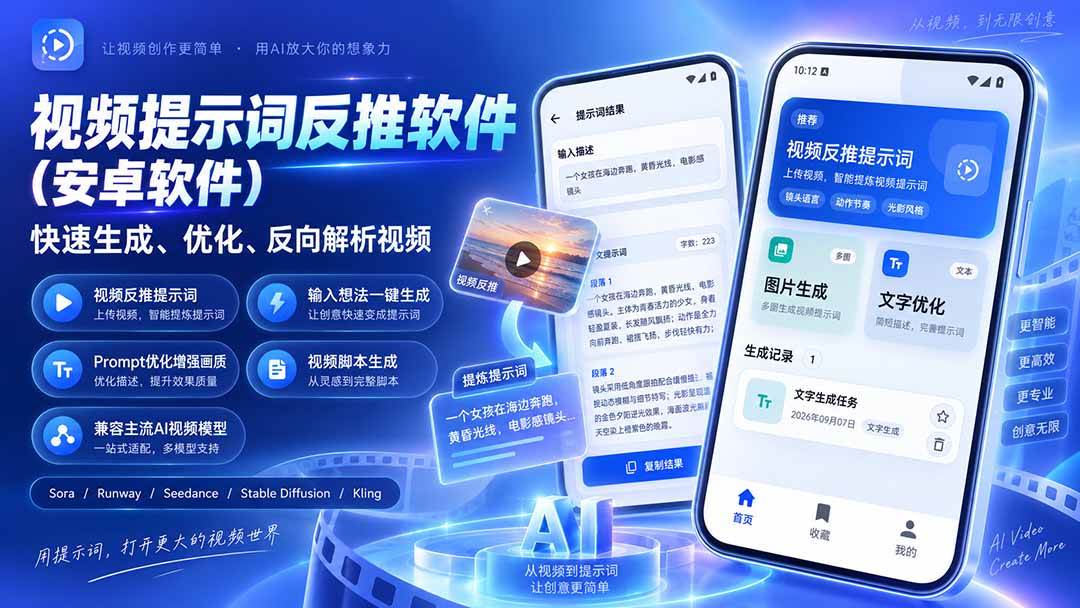 (20301期)视频提示词反推软件(安卓软件),快速生成、优化、反向解析视频祝你网--专注互联网创业.信息差副业研究拒绝割韭菜祝你网