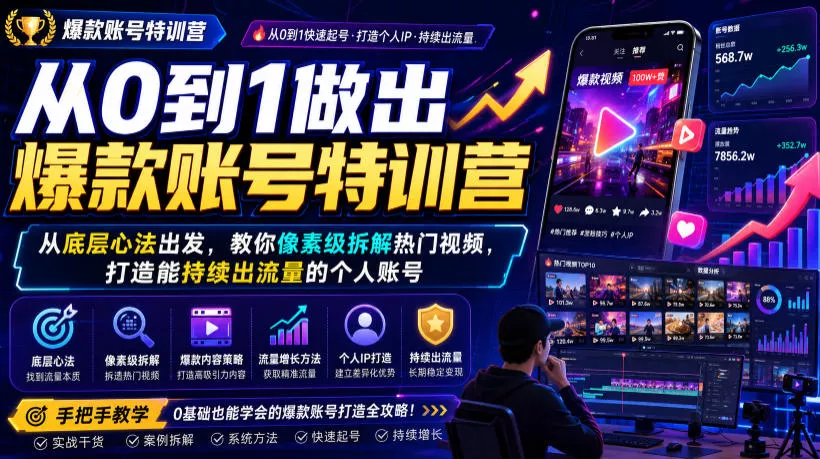 0d7dd7a90aeae2454e97948216b2ad3f.webp 从0到1做出爆款账号特训营,从底层心法出发,教你像素级拆解热门视频,打造能持续出流量的个人账号