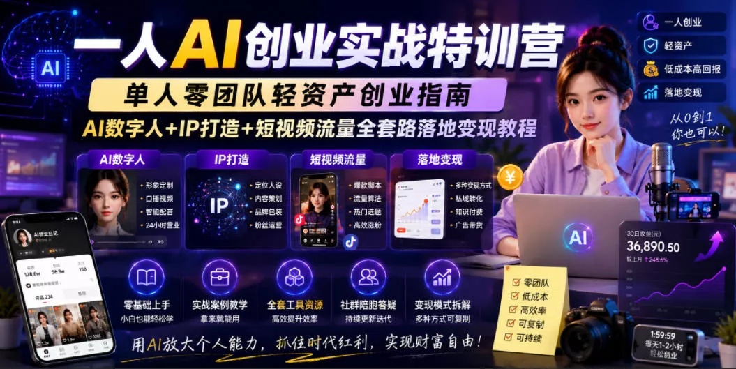 0d930e9e1991f201f3101dfebf540bb2.webp 一人AI创业实战特训营,单人零团队轻资产创业指南,AI数字人+IP打造+短视频流量全套路落地变现教程