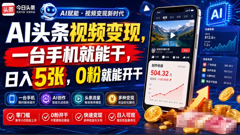 0daae4f5add2c8e9f8d48fb82365d3b8.webp AI头条视频变现,一台手机就能干,日入5张,0粉就能开干