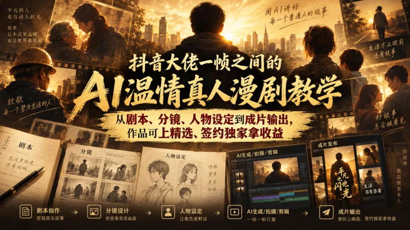 0dc9a2b9233dfd3954ee268b073cd00d.webp 抖音大佬一帧之间的AI温情真人漫剧教学,从剧本、分镜、人物设定到成片输出,作品可上精选、签约独家拿收益
