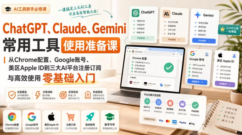 0e565fc1f95e0ad93f0074a3e722ae61.webp ChatGPT、Claude、Gemini常用工具使用准备课|从Chrome配置、Google账号、美区Apple ID到三大AI平台注册订阅与高效使用零基础入门