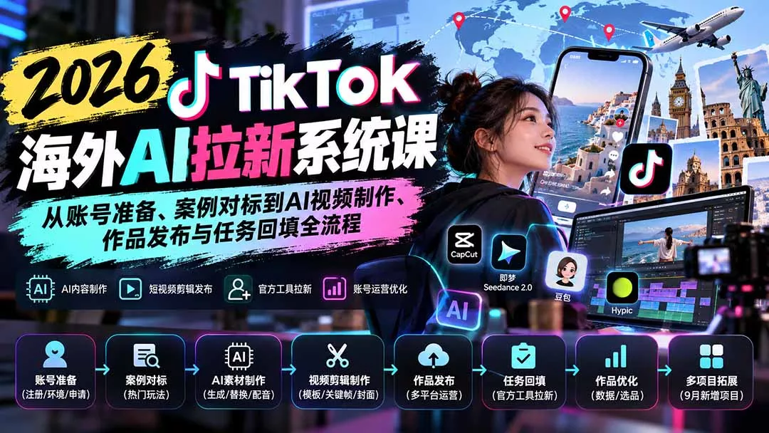 0e732adcf96b387f59e65c33f16630a5.webp 【无水印】2026 TikTok海外AI拉新系统课:从账号准备、案例对标到AI视频制作、作品发布与任务回填全流程