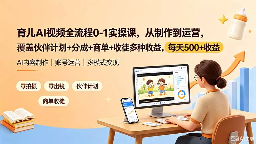 育儿AI视频全流程0-1实操课，从制作到运营，覆盖伙伴计划+分成+商单+收徒多种收益，每天500+收益祝你网--专注互联网创业.信息差副业研究拒绝割韭菜祝你网