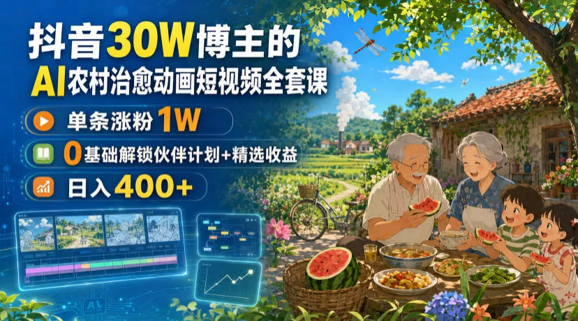 0f04aca50a80677708cfa2ba1c490bf0.webp 抖音30W博主的AI农村治愈动画短视频全套课|单条涨粉1W,0基础解锁伙伴计划+精选收益,日入400+