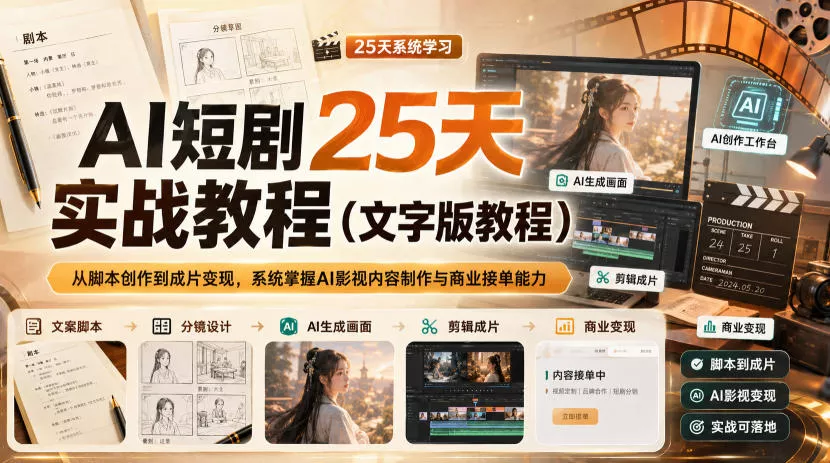 0f2aad6b355731c536cec923013de806.webp AI短剧25天实战教程(文字版教程),从脚本创作到成片变现,系统掌握AI影视内容制作与商业接单能力