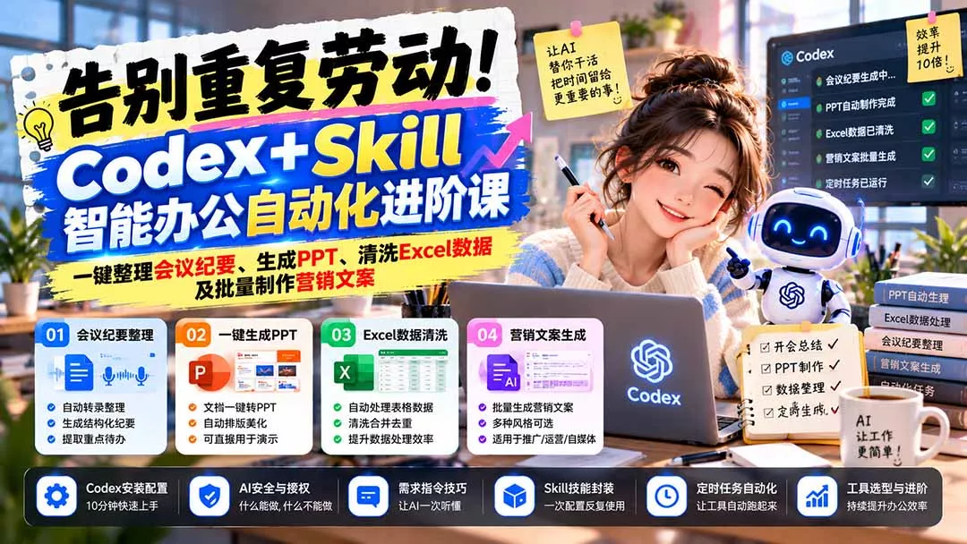 0f6e809d3a7731a5b3372ba9c9d16007.webp 告别重复劳动!Codex+Skill智能办公自动化进阶课:一键整理会议纪要、生成PPT、清洗Excel数据及批量制作营销文案
