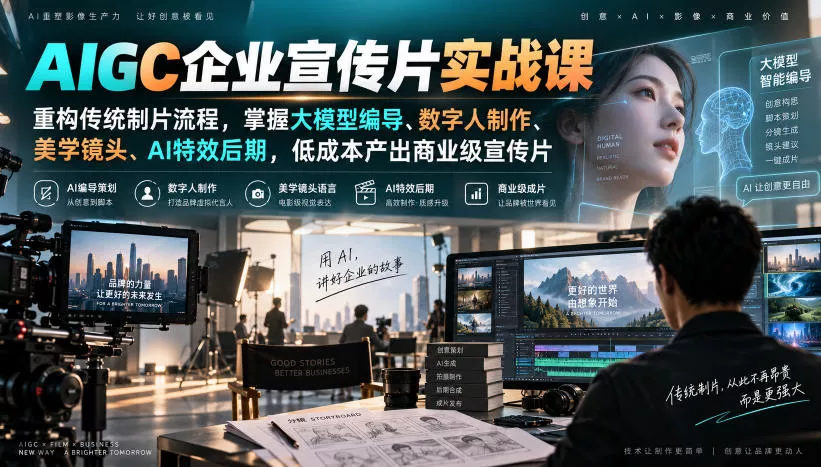 AIGC企业宣传片实战课,重构传统制片流程,掌握大模型编导、数字人制作、美学镜头、AI特效后期,低成本产出商业级宣传片祝你网--专注互联网创业.信息差副业研究拒绝割韭菜祝你网