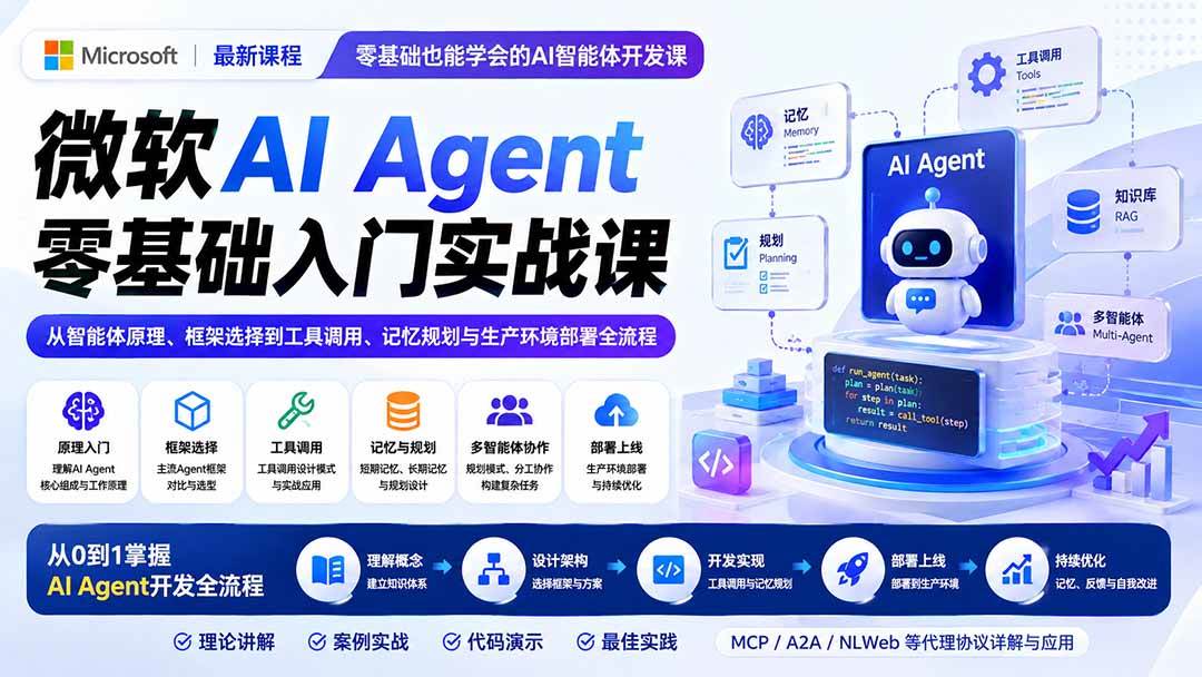 0fc692f4a9be57db0216e6043132c699.jpeg (19977期)微软AI Agent零基础入门实战课:从智能体原理、框架选择到工具调用、记忆规划与生产环境部署全流程