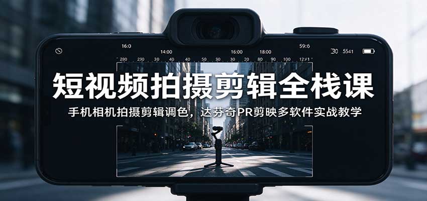 短视频拍摄剪辑全栈课:手机相机拍摄剪辑调色,达芬奇PR剪映多软件实战教学祝你网--专注互联网创业.信息差副业研究拒绝割韭菜祝你网