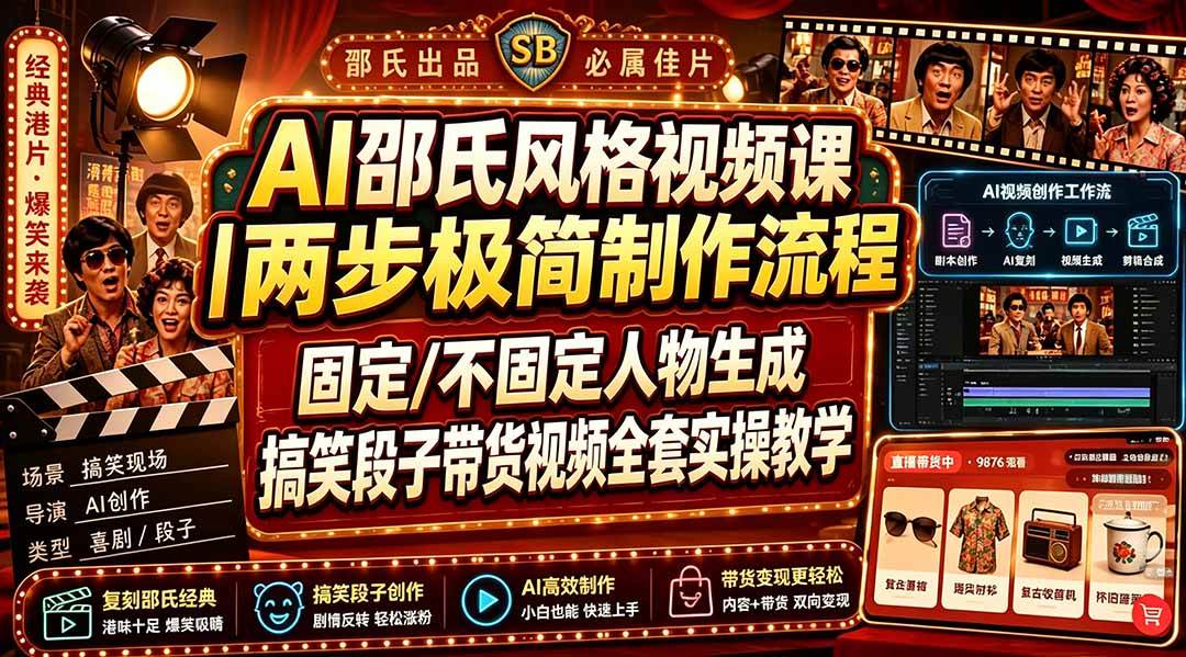 105ef11176cc95b83fc799adc3b47ee6.jpeg (19602期)AI邵氏风格视频课|两步极简制作流程,固定/不固定人物生成,搞笑段子带货视频全套实操教学