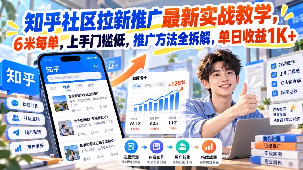 知乎社区拉新推广最新实战教学，6米每单，上手门槛低，推广方法全拆解，单日收益1K+！(更新1030)祝你网--专注互联网创业.信息差副业研究拒绝割韭菜祝你网