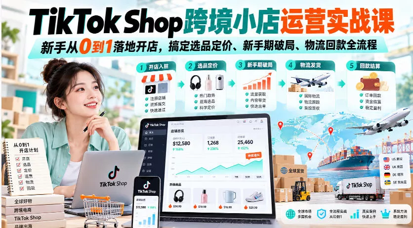 TikTok Shop跨境小店运营实战课，新手从0到1落地开店，搞定选品定价、新手期破局、物流回款全流程祝你网--专注互联网创业.信息差副业研究拒绝割韭菜祝你网