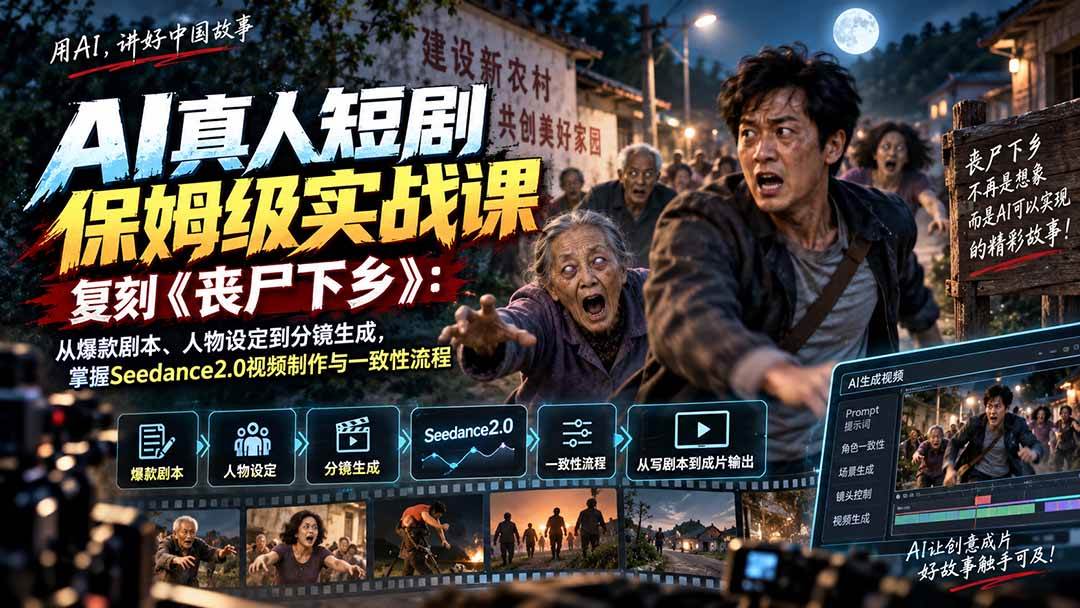 110ba8e3e4db6feaa294b2da65f37cdb.jpeg (20360期)AI真人短剧保姆级实战课,复刻《丧尸下乡》:从爆款剧本、人物设定到分镜生成,掌握Seedance2.0视频制作与一致性流程