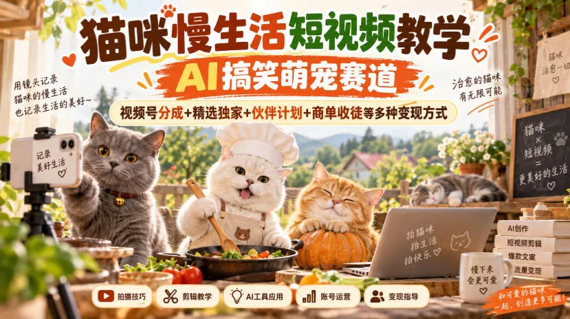 猫咪慢生活短视频教学，AI搞笑萌宠赛道，视频号分成+精选独家+伙伴计划+商单收徒等多种变现方式祝你网--专注互联网创业.信息差副业研究拒绝割韭菜祝你网