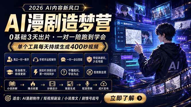 （18568期）AI漫剧造梦营：0基础3天出片，单个工具每天持续生成400秒视频祝你网--专注互联网创业.信息差副业研究拒绝割韭菜祝你网
