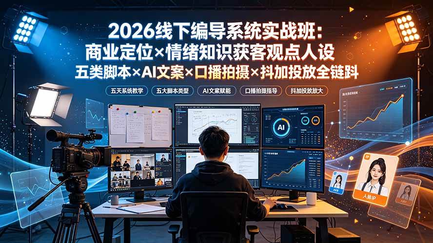 (19501期)2026线下编导系统实战班:商业定位×情绪知识获客观点人设五类脚本×AI文案×口播拍摄×抖加投放全链路祝你网--专注互联网创业.信息差副业研究拒绝割韭菜祝你网