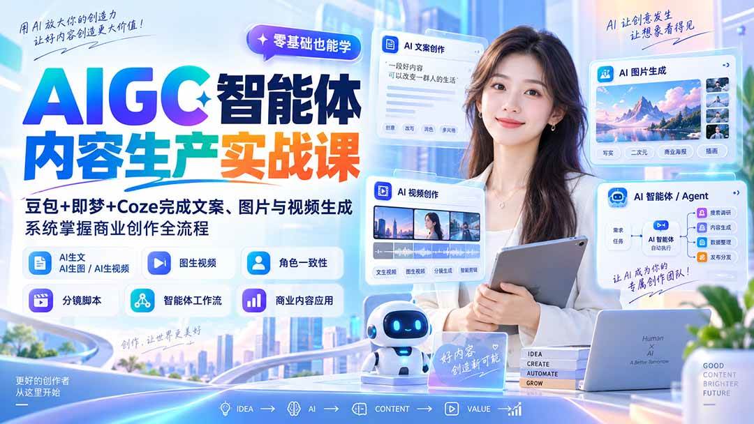 11b159373b9da38b7d44be6b23a62c9b.jpeg (20372期)AIGC智能体内容生产实战课:豆包+即梦+Coze完成文案、图片与视频生成,系统掌握商业创作全流程