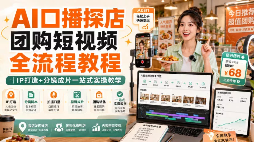 AI口播探店团购短视频全流程教程|IP打造+分镜成片一站式实操教学祝你网--专注互联网创业.信息差副业研究拒绝割韭菜祝你网