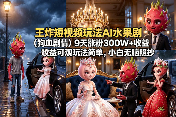 王炸短视频玩法AI水果剧(狗血剧情)9天涨粉300W+收益可观玩法简单，小白无脑照抄，详细拆解玩法祝你网--专注互联网创业.信息差副业研究拒绝割韭菜祝你网
