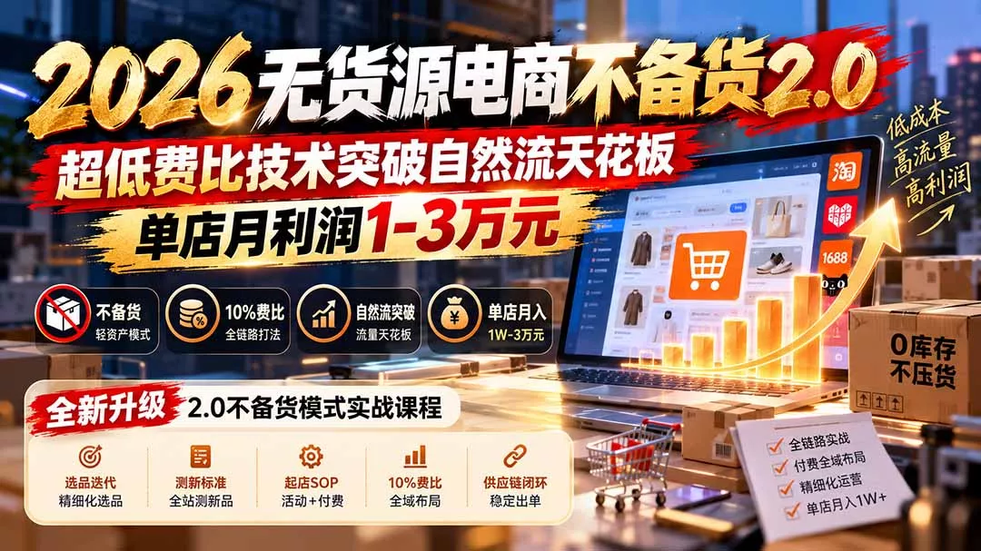 2026无货源电商不备货2.0【更新1010】：超低费比技术突破自然流天花板，单店月利润1-3万元祝你网--专注互联网创业.信息差副业研究拒绝割韭菜祝你网