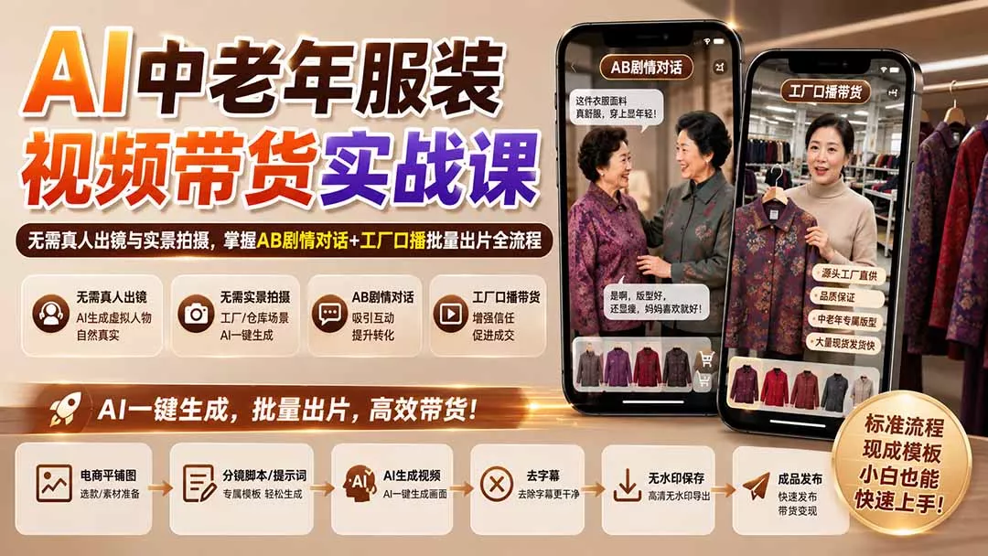 122d8ccb85fab685f7ccc88ff76813a0.webp AI中老年服装视频带货实战课:无需真人出镜与实景拍摄,掌握AB剧情对话+工厂口播批量出片全流程