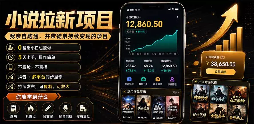 抖音及多平台小说拉新项目：我亲自跑通并持续带徒弟实操｜0基础小白5天上手快速变现祝你网--专注互联网创业.信息差副业研究拒绝割韭菜祝你网