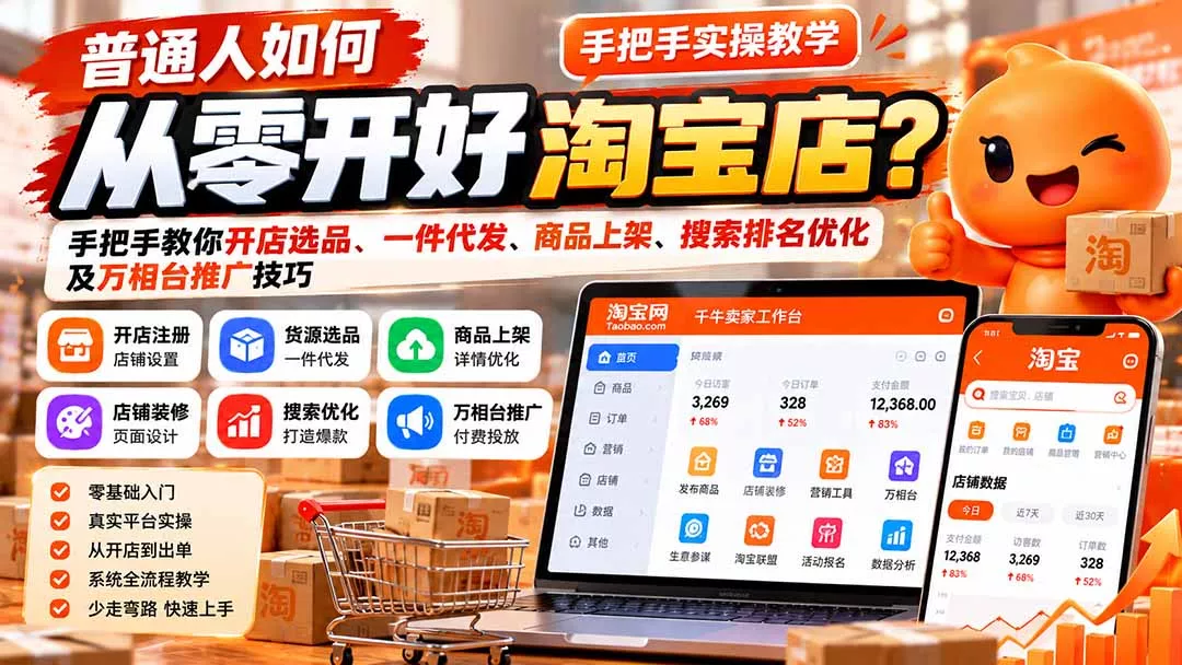 普通人如何从零开好淘宝店？手把手教你开店选品、一件代发、商品上架、搜索排名优化及万相台推广技巧祝你网--专注互联网创业.信息差副业研究拒绝割韭菜祝你网