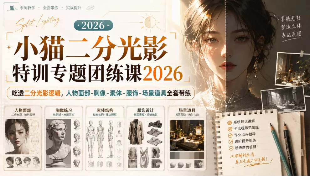 12e249084a80b5e979d9a4cbf6b23f91.webp 小猫二分光影特训专题团练课2026|吃透二分光影逻辑,人物面部‑胸像‑素体‑服饰‑场景道具全套带练,高清画质附赠课件与笔刷