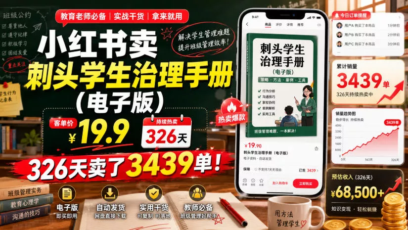 小红书卖刺头学生治理手册(电子版),客单价19.9,326天卖了3439单!祝你网--专注互联网创业.信息差副业研究拒绝割韭菜祝你网