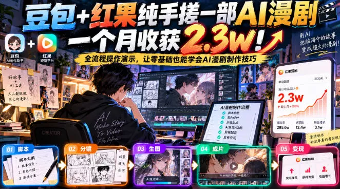 豆包+红果纯手搓一部AI漫剧一个月收获2.3w!全流程操作演示,让零基础也能学会AI漫剧制作技巧祝你网--专注互联网创业.信息差副业研究拒绝割韭菜祝你网