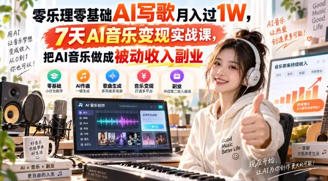 零乐理零基础AI写歌月入过1W，7天AI音乐变现实战课，把AI音乐做成被动收入副业祝你网--专注互联网创业.信息差副业研究拒绝割韭菜祝你网