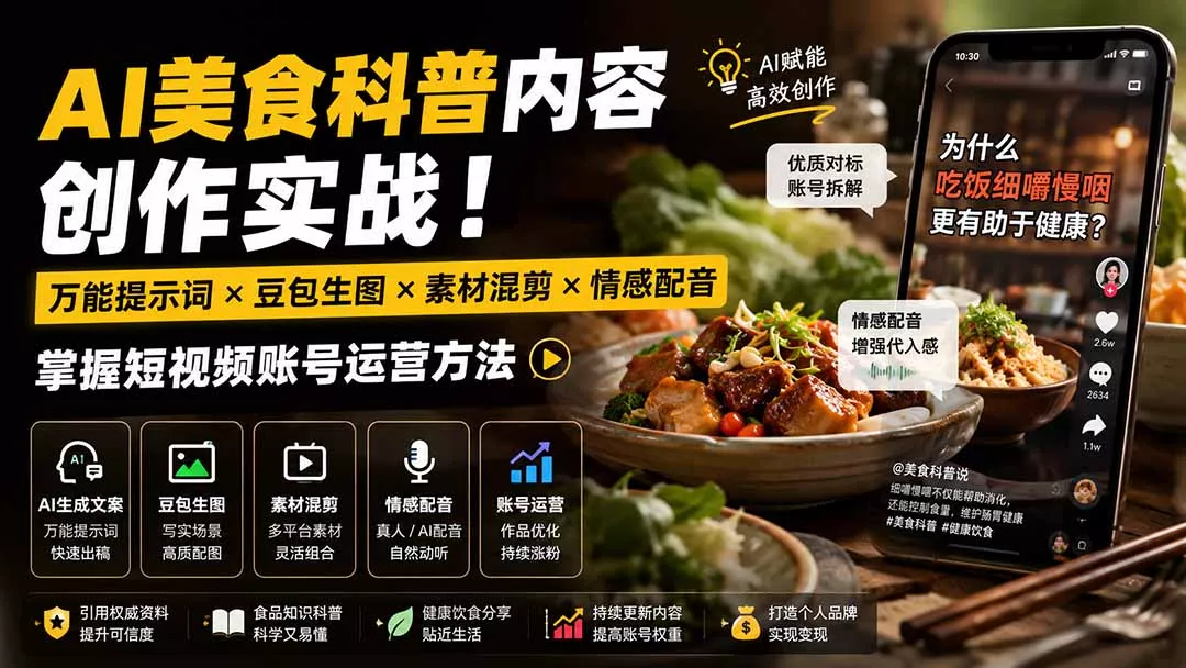 外面卖199元-AI美食科普内容创作实战!万能提示词×豆包生图×素材混剪×情感配音,掌握短视频账号运营方法祝你网--专注互联网创业.信息差副业研究拒绝割韭菜祝你网