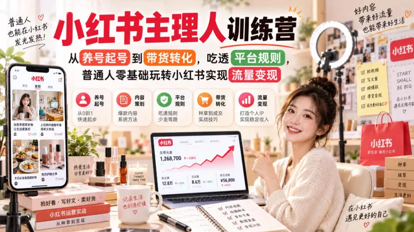 小红书主理人训练营,从养号起号到带货转化,吃透平台规则,普通人零基础玩转小红书实现流量变现祝你网--专注互联网创业.信息差副业研究拒绝割韭菜祝你网